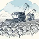 Draw a tranquil cotton field on a sunny day with two sophisticated cotton-picking machines at work. The machines are of different designs and sizes, indicative of their differing capacities. They are portrayed mid-action, showcasing their efficiency, working harmoniously side by side to pick cotton from fully bloomed plants. Ensure to detail the machinery and the cotton field, however, make sure the image contains no text.