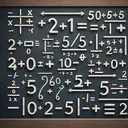 Create an image symbolizing a mathematical equation gone wrong. The predominant elements should include arithmetical symbols such as a plus sign, a division symbol, and equal sign, along with the numbers 50, 10, 5, and 2, arranged in a way that doesn't form a valid equation. The background can be a chalkboard and the elements of the equation can be represented as chalk drawings. To maintain the incongruity of the equation, ensure that they are not aligned in a conventional mathematical order.
