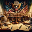 Visualize a historical scene depicting a 18th century study with numerous documents spread on a mahogany desk. Include an inkwell and quill, and some books signifying law and government. Additionally, there should be symbolic elements symbolizing the states and the federal government such as an unbalanced scale with stars on one side representing the states and an eagle on the other side representing the federal power, illustrating the tension and debate of the time. All of these should be presented in a neutral and thought-provoking fashion to resonate with the question regarding Thomas Jefferson's turn to nullification.