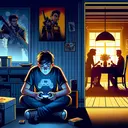 Illustrate an image showing a teenager deeply engaged in playing videogames in his room. The teenager is caucasian male. The room is decorated with gaming posters and the floor is scattered with game boxes. Across the room, there’s a dining table lit up through the open doorway, with a silhouette of a family of three waiting for dinner. Visualize the teenager's frustration and anxiousness as he is pulled away from his game.