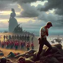 Create an image of a historic battlefield scene invoking the elements from the novel 'The Red Badge of Courage'. Picture an intense landscape scattered with soldiers, as one lone young man, alluding to the character named Henry, stands out. He appears conflicted, visibly grappling with himself whether to stay or flee from the battlefield. The sky above is indifferent, imposing an aura of nature's indifference towards humans. Meanwhile, a remote figure of a woman stands as a symbol for motherly concern in the far distance, contrasting the immediate horrors of war.
