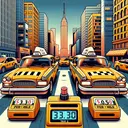 Create an image depicting a city traffic scenario with classic yellow cabs in a busy U.S city. Then, have two meters inside two separate cabs, one indicating a flat fee of $3.30, and another one displaying a per mile charge of $0.50. Make sure the city surroundings and the cab interiors are detailed, but do not include any text in this image.