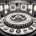 An image depicting a conceptual representation of the Articles of Confederation's structure and potential issues. The visual metaphor to represent this includes a giant round table with a space for each state, symbolizing equal representation irrespective of size or population. The table is set in a grand hall, which symbolizes Congress. Other elements embodying Congress's power, include military officers' insignias, a coin minting hammer and anvil, a stylized post office box, and a map indicating foreign affairs and treaties. Please remember, no text should be included in the image.