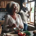 Create an image of an older woman with a warm and spirited personality, possibly of African descent, in her comfortable, rustic kitchen. She's happily humming to herself while engaged in an activity, radiating contentment. Nearby, the kitchen window reveals a man of African descent, maybe her husband, waving goodbye to unseen visitors outside the house, his pose implying a sense of accomplishment. Ensure the image is free from any text or explicit reference to the story "Blues Ain't No Mockin Bird".
