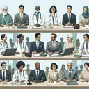 Create an image of a committee meeting environment with nine individuals from diverse professions. Imagine three distinctly dressed doctors wearing white coats and stethoscopes, three legal practitioners in formal suits with briefcases, and three teachers in varied attire such as sweaters and glasses. The scene should depict a harmonious exchange of ideas, ensuring their professional identifiers are clearly visible. Feature the doctors as diverse in gender, with a South Asian man, a Caucasian woman, and a Black man. Depict the lawyers as a Hispanic woman, a Middle Eastern man, and a White woman. For the teachers, portray a Black woman, a Hispanic man, and a Middle Eastern woman.