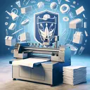 A visually attractive image depicting a new printing machine in a high school setting. The machine is modern and capable of printing on textiles. Next to it, a stack of blank, fresh T-shirts await customization. In the background, an abstract representation of the school's logo suggests that these shirts will bear this emblem. It's an entrepreneurial venture set up within the school, all setups and details accounted for except for the question of how many shirts must be sold to cover the costs. The image conveys anticipations without directly answering or hinting the choices mentioned.