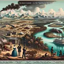 Visualize a 19th-century American landscape during the Age of Jackson depicting key transportation innovations. On one side, show a bustling scene with a South Asian female engineer supervising the construction of a railroad track, signs of life and development visible around the area. On the other side, depict a Black male captain guiding a steamboat across a river which serves as a crucial waterway for transport. Concerning topography, include expansive plains, forests, and a river to signify the varying terrains of the United States. Remember not to include any text in the image.