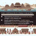 Create a visual representation to represent the connection between the first civilizations in Asia and Africa, without any text. The image should signify organized governments, emerging along sea coasts, existence of social hierarchies, and practicing religions. It should use symbolic elements like ancient buildings, seas or rivers, groups of people showing hierarchy, and religious symbols, to depict each point accordingly. Keep in mind that the level of detail should be at a level that does not infer any specific religious or government entity.