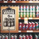 Create an image of a grocery store scene. Within the scene, there is a shelf stocked with a variety of soda cans each labeled with a price tag of $0.75. Next to the shelf, there is a sign illustrating a coupon with a label of $0.50 off on total purchase. The focus of the image is on the cans of soda and the coupon, symbolizing a sale on sodas.