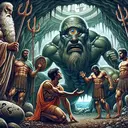 Illustrate a scene from ancient Greek mythology showing the Cyclops, a character known for his single eye in the center of his forehead, in a defiant stance. Nearby, represent the figure of Odysseus, bravely facing the cyclops, while six of his crew, with a mixture of fear and bravado in their expressions, stand behind him. The setting should be the intimidating interior of the Cyclops cave by the sea. Also, portray an incidental symbol of Poseidon, such as a trident, subtly placed in the cave to imply the cyclops's connection with him. Please, no text in the image.