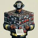Generate a thought-provoking image showing a large geometric shape (e.g., a cube) made out of smaller identical shapes. The shapes should reflect a somewhat irregular, progressive pattern, perhaps echoing the concept of a geometric series. Also, visualize a scene of a firefighter - a Black man in his early 30s, with short cropped hair, donning his uniform and gear, on his first day at the firefighting station. He's looking at a contract paper held in his hands, symbolizing the start of his career in firefighting and the salary growth he can expect in the upcoming years.