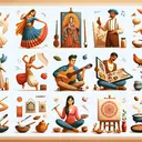 Create an image that visualizes different cultural functions. Include elements such as a Middle-Eastern woman dancing traditional dance, a Hispanic man playing classical guitar, a Caucasian man painting in Renaissance style, and a South Asian woman preparing traditional cuisine. There should also be intrinsic cultural artifacts such as traditional clothing, musical instruments, art tools, and food ingredients. Make sure the image contains no text.
