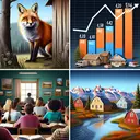 An educational theme image showing four visually distinctive scenarios. Scene A: A cunning fox stealthily hiding behind a rustic barn, poised for an impending attack. Scene B: A series of houses with their values represented by ascending graphs, symbolizing an upward trend in housing prices. Scene C: A group of diverse students, of various descents and both genders, engrossed in a French lesson in a classroom setting. Scene D: A beautiful view of Yellowstone National Park during a different season from today, with an unidentified person looking ahead towards the year-round attractions.