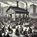 Illustrate a scene depicting settlement houses as significant parts of a progressive era. Visualize a busy city neighborhood with a significant building - the settlement house, standing as a beacon of enlightenment amidst the hustle. Portray diverse groups of individuals - Caucasian, Hispanic, Asian and Black men and women engaged in various activities: reading under the lamplight, discussing societal issues, attentive in a lecture, or participating in civic activities. Ensure enough activity and community engagement to showcase it as a vital center of progressive action. Remember, the image should be without any text.