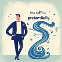 Create an image that visually represents the concept of the suffix '-ly' in English language, turning a word like 'pretentious' into an adverb 'pretentiously'. The scene might feature a person exuding pretension, embellished with a whimsical, visible wave or swirl, indicating an action or behavior, symbolic of the transformation from an adjective to an adverb. Please avoid including any words or text in the image.