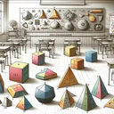 Visualize a classroom scene featuring an assortment of geometric forms. In the forefront, arrange four diverse ones such as a triangle, a square, a rectangle, and a circle. On a nearby desk, place various polyhedrons like a rectangular pyramid, a cone, a prism, and a simple rectangle. In the background, display a detailed geometric figure with marked segments like AC, AB, DH, BF, CG, DB, EF, and GH. And finally, around the room, place triangular prisms of varying sizes and colors, emphasizing their edges.