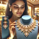 Create a highly-detailed image featuring a young woman of Hispanic descent, gazing at an ornately designed gold necklace and a pair of matching earrings in a brightly lit jewelry store. The necklace should be significantly more intricate and valuable-looking than the earrings. Depict the jewelry with sparkling diamonds to indicate their monetary value. Don't add any price tags, nor any textual or numeric information.
