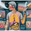 An educational illustration showing the effects of smoking and respiratory processes. Display visible short-term effects of smoking such as bad breath represented by fumes and yellow teeth. Show the process of oxygen entering the blood via alveoli represented within a pair of lungs. Illustrate the disorder asthma by showing inflamed bronchi with thick mucus. Depict the breathing process controlled by the diaphragm and the pharynx, perhaps shown as mechanisms within a human chest cavity. Lastly, throw light on the smoking cessation process of using inhalers by portraying a person using an inhaler device.