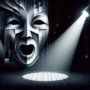 Create an abstract image with a theatrical theme. Features in the scene shall depict elements indicative of 'cliché' using visual representation. This includes a dramatic mask showing clear emotions, a spotlight in a dark background, and an empty stage. Don't include any text in the image.