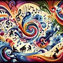 A visually appealing illustration symbolizing the Romantic period of music, embodying the concept of vibrant and unexpected key changes, dynamic changes, notable composers, and an inherent sense of storytelling. The image should showcase these elements abstractly: a swirling colorful vortex of musical notes that appear to unpredictably change direction; dynamic waves of soft and bold colors to signify their use of dynamic changes; silhouettes of people in the process of composing music; and musical notes and instruments intertwined with images indicative of storytelling, such as an open book or a quill pen.