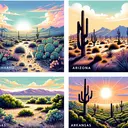 Visualize a selection of North American deserts. In one corner of the image, portray a scene typical of the Chihuahuan desert, with its thriving cacti and harsh, rocky terrain under a pale blue sky. In another corner, visualize a scene representing the Arizona desert, with its distinct Saguaro cacti, the sun setting in the background against a mix of orange and purple hues. Lastly, create an image of the lush, green, hilly landscape typical of Arkansas, showing a stark contrast to the desert landscapes. This should serve as a visual hint that Arkansas does not house parts of the Chihuahuan desert.