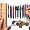 Create an image detailing a small stationery store scene. The central focus should be on a Caucasian male customer, Jamie, who is holding five distinct pens of different colors: red, blue, green, black, and purple. Each pen, with its cap on, should be intricately designed and placed in Jamie's hand. Also include a wooden ruler with measurements visible but without text, placed near the pens but slightly distant, indicating the cost difference. Incorporate $11.60 worth of coins scattered across the counter. Make sure to keep the image appealing and lively but without containing any text.
