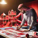 Visualize an engaging and detailed scene depicting the work environment of a Middle-Eastern male interior designer. He is examining color swatches and sketches of a large indoor play park design laid out on his workstation. The main color scheme in his design features various shades of red. Elements in the park include a red climbing wall, red slides and tunnels, soft red play mats, and red themed decorations. The room lighting strikes the design making the red color seem vibrant.