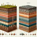Generate an attractive, educational, and visually detailed image showing the cross sections of mature and youthful soils side by side for a comparison. Portray the different layers of both types of soil, with the mature soil demonstrating distinct Horizons A, B, and C, and the juvenile soil having less-defined layers. Include representations of roots, moisture, and pebbles. Please ensure the image contains no text.