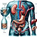 An insightful anatomy-focused illustration showing the effects of alcohol on the human excretory system. The image can showcase vital components such as the kidneys, liver, and bladder. The primary emphasis should be on the increased loss of body water, potentially represented by symbolic elements such as exaggerated arrow symbols indicating water flow. The mood of the image could range from educational, to intriguing, and even a bit humorous to effectively communicate the concept.