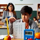 Create an image of a real-life scene in a classroom. In the foreground, a puzzled student with Asian descent is holding a paper clip up in the air as if examining it. On their desk, there lies a ruled paper notebook with multiple choices written down with a pencil: a meter, gram, kilogram, and centimeter. Next to the notebook is a set of brightly colored metric weights. In the background, a teacher of Hispanic descent is making her way over to help the student.