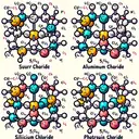 Illustrate the molecular structures of four inorganic chlorides: sulfur chloride (S2Cl2), aluminium chloride (AlCl3), silicon chloride (SiCl4), and phosphorus chloride (PCl3). Represent each molecule with atoms connected by lines indicating chemical bonds, and use color coding to differentiate between the different elements. Show partial negative charge on the Chlorine atoms and partial positive charge on the others to suggest their polarity. Please ensure there is no text in the image.