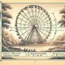 An illustration of a scenic amusement park with a majestic Ferris wheel. The wheel is large with a radius of 40 feet and is seen from an angle that emphasizes its grandeur. When the illustrative journey begins, the viewer is positioned at the base of the Ferris wheel, just six feet above the ground. The Ferris wheel seats look comfortable and inviting. Here, a lever mechanism has just completed a 17pi/4 rotation. Maintain focus on the visuals, incorporating no text content, hiding the mathematics behind the scenery.