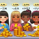 Illustrate an arithmetical concept involving four girls of diverse descents: Caucasian, Hispanic, Black, and South Asian. Each girl is receiving a portion of a large pile of gold coins. The first girl has half of the pile, the second girl has quarter of the pile, the third girl has one-fifth of the pile, and the fourth one has a considerably smaller pile representing 25k. Make sure that it is clear each girl represents a different fraction of the original sum. The image should not contain any text.