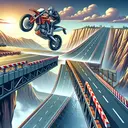Create an image showing an adrenaline-filled scene of a daredevil motor cycle rider, about to make a challenging jump across a huge gap. He is attempting this feat at an impressive speed of 100 km/h, and the ramps on both sides of the gap are inclined at an angle of 45 degrees. Please, ensure that the motorcycle is in motion with the rider poised for the leap. Remember to not include any text in the image.
