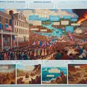 Imagine a detailed visual study supplement for a history lesson. On the top of the image, show a representation of American colonial leaders gathering in a historic building, followed by a scene depicting a standoff between British soldiers and American colonists at a town square. This scene transitions into the iconic moment of signing the Declaration of Independence. Furthermore, visualize interplay between American and Mexican territories implying a shift towards Americans claiming more land as a result of a conflict. Additionally, depict British colonization's effect on American Indians, emphasizing land conflicts. Display Canada's path to independence contrasted with that of the United States, underscored by vital events like the Battle of Yorktown and the granting of the Statute of Westminster. Finally, illustrate how Ancestral Puebloans adapted to drought by migrating closer to water sources and the elemental shift that allowed travel between Asia and North America through vast ice sheets.