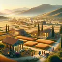 Create an image that represents an ancient Greek settlement located in the fertile lowlands suitable for farming. This settlement is nestled between gentle rolling hills bathed in the light of a setting sun, which reflects off of well-tended fields of grain. Several classical Greek structures such as stone-made houses, a temple and a marketplace can be seen. Nearby, a few farmers are tending to their crops. To the sides, gentle mountains frame the scene, suggesting the challenges of settling in such regions.