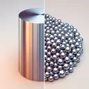 Create an image showcasing two contrasting scenarios. On the left, show a solid metal cylinder with a radius of 4 cm and a height of 10 cm colored in shades of silver. On the right, depict hundreds of tiny shiny solid balls, each with a radius of 1 mm. Both groups are set against a neutral background to highlight the objects. Please do not include any text in the image.