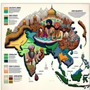 Illustrate a non-textual representation of a geography examination focusing on South Asia. The image should subtly hint towards different climatic zones including coastal areas, arid climate areas, heavy rainfall zones, and humid temperate climate regions. It should also conceptualize the spread of religions such as Sikhism, Islam, Hinduism, and Buddhism across the region. And lastly, visually represent four ethnic groups namely, Pashtuns, Bengalis, Sinhalese, and Punjabis within the territorial boundaries of the countries Pakistan, Bangladesh, Afghanistan, and Sri Lanka.