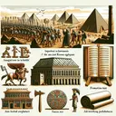 Create an image that showcases various important achievements of the ancient Kushites. Please include representations of an army in battle, symbolic illustration of an ancient alphabet, large pyramids, an iron-working cityscape, an old-looking book labeled 'famous text', and a roll of papyrus. Make sure to imply a flourishing trade scene which spans from an Athenian marketplace to a lively marketplace on the edge of the Sahara desert.