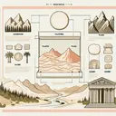Create an educational infographic style image, without any text. Depict as a primary focus the following geographical features, each distinctly identifiable: mountains, plateaus, plains, rivers, and desert. Additionally, make space for an empty box on one side of the image where these features can be presumably dragged. The image should reflect a Roman ancient aesthetic to denote the context of Rome, but not including any symbols or landmarks tied to Rome.