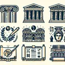 Create an image set in the historical context of Ancient Greece. Include elements such as Greek columns, a traditional amphitheater paired with a registration of a theater performance, an ancient scroll representing literature, and subtle symbols representing the contemporary world. All elements should reflect their historical importance and contemporary relevance without any text.
