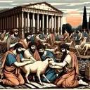 An intriguing ancient scene depicting a group of Romans performing an animal ritual in the presence of a temple. The Romans, dressed in traditional garments, have a solemn and respectful look. A goat is the chosen animal. The temple being shown under construction in the background, with workers busy at their tasks. Use a color palette akin to the hues of the setting sun, with the sun low in the sky, to emphasize the historical context and the mystery surrounding these age-old practices.