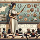 Generate an image of a Roman-themed classroom with diverse learners. A Middle-Eastern female teacher is pointing towards a blackboard holding a wooden pointer. The blackboard contains an array of symbols and doodles to represent the topics covered in the questions, like an old Roman coin, a simple sketch of a Roman garb, an abstract drawing of a Roman road or bridge, senate building, and a Roman warrior's helmet. In the room, there should be antique Roman artifacts such as scrolls, a Roman shield, and laurel wreaths. You can also add a world map highlighting Italy (without labels) in one corner of the room.