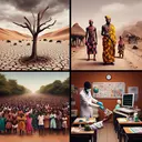 Generate an image based on four themes. The first part of the image represents a barren African landscape depicting desertification due to overgrazing. Represent this with a partially eaten tree in the sparse environment. The second part represents Hausa, Igbo, and Yoruba people in Nigeria showcasing cultural diversity, through traditional attire and symbols but with a somber, tense atmosphere. The third part portrays an African classroom, with students of different descents eagerly learning, and a healthcare worker performing a check-up, symbolizing improvement in education and health. The fourth part represents inadequate healthcare leading to an uncontrolled epidemic, showing medicine bottles and the African continent.