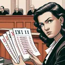 An illustration of courtroom scene showing a concerned woman, inferably a lawyer, referring to a series of document papers, each identified with a Roman numeral I (for 1st), II (for 2nd), VI (for 6th), X (for 10th), XIV (for 14th), and XIX (for 19th). Ensure there is no direct reference to 'amendments', only the Roman numerals. The woman is Middle Eastern in descent and the context of the illustration is serious and focused.