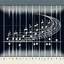 Visualize an image that depicts a scale progression in music. Imagine a stave with notes arranged according to a pattern of whole and half steps or intervals. The image should represent the spaces between the notes as leaps or steps on a musical journey. Perhaps, embellish it with aesthetically pleasing abstract elements or designs to evoke the rhythm and flow of music. Remember, the image should not include any text.