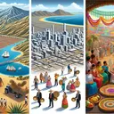 An educational image depicting three different aspects of Mexican culture. Firstly, an aerial view of the Mexican Plateau where some of Mexico's major cities are seen embedded among the rolling highlands. Secondly, an illustrative representation of economic inequality leading to individuals and families seen moving towards other regions, symbolic of the diaspora caused predominantly by poverty. Lastly, the vibrant 'Race Day' celebrations, which represents Mexico's Spanish heritage. This should include a festive scene, possibly in a city square with people dressed in traditional costumes, music, and dance, showcasing the multitude of traditions inherited from Spain.
