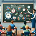 Create an image that represents the concept of grammar, specifically use of the perfect tense. This can be illustrated by a teacher in a classroom, pointing to a chalkboard where the concept of perfect tense is visually represented with colorful symbolic icons such as clocks denoting different times and detailed sketches of actions that coincide with the given verbs in examples. Make sure the teacher is a Caucasian woman and the students in the classroom are of different descents including Black, Hispanic, South Asian and Middle-Eastern. The classroom should be well lit, indicating a positive learning environment. Do not include any text in the image.