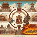 Create an image that visually represents the cycle of gaining and losing power in the Mandate of Heaven, with no text. The image should depict five distinct stages set in an ancient Chinese setting: a dynasty gaining power, a dynasty ruling, the dynasty growing weak, the loss of the Mandate, and a period of violence. Include symbolic imagery such as a throne, a falling star, a broken crown, and a fiery battle scene to portray these concepts.