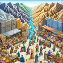 Create a meticulously detailed scene showcasing the ancient Silk Road. On one side, depict bustling bazaars filled with vibrant goods; silks, spices, teas, and precious stones. On the other side, show a variety of people exchanging cultural elements symbolized as music notes, books, and art forms. Populate this scenario with merchants of different descents like Caucasian, Hispanic, Black, Middle-Eastern, South Asian, and White of varying genders. Connect the two sides with a long, winding road traversing through spectacular landscapes of desert, mountain ranges, and lush vegetation to signify the complexities and challenges of Silk Road trade.